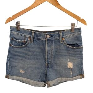Levis 501 Button Fly Blue Distressed Denim Shorts Size 29